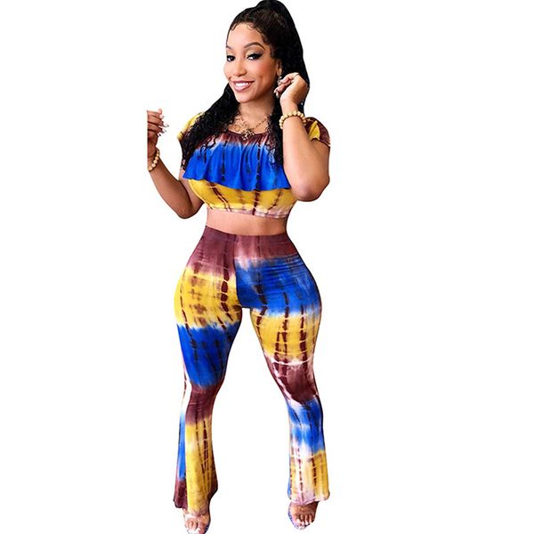 

tie dye print casual two piece sets for women short sleeve ruffles crop and flare pants suits summer mujer 2 piece outfits, White