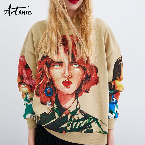 

artsnie streetwear character print women sweatshirt spring 2019 o neck long sleeve pullover knitted oversized hoodie sweatshirts, Black