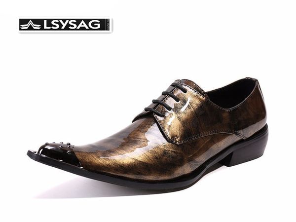 

new italian patent leather men shoes rivets pointed toe men oxford shoes wedding business brogue lace up, Black