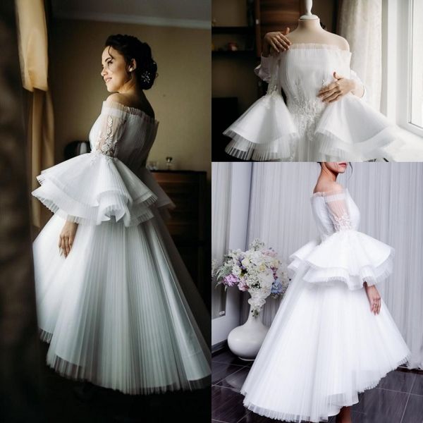 

2020 new white prom dresses off shoulder puffy ruffles long sleeve chiffon pleats high low short evening gowns lace applique occasion dress