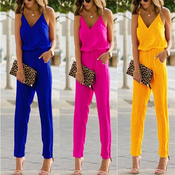 

fashion women sleeveless jumpsuits summer spaghetti strap rompers v neck cotton linen club long pants romper trouser new 3colors, Black;white