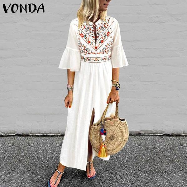 

vonda women boho printd dress 2019 v neck ruffle sleeve split maxi dresses holiday casual loose white vestidos plus size, Black;gray