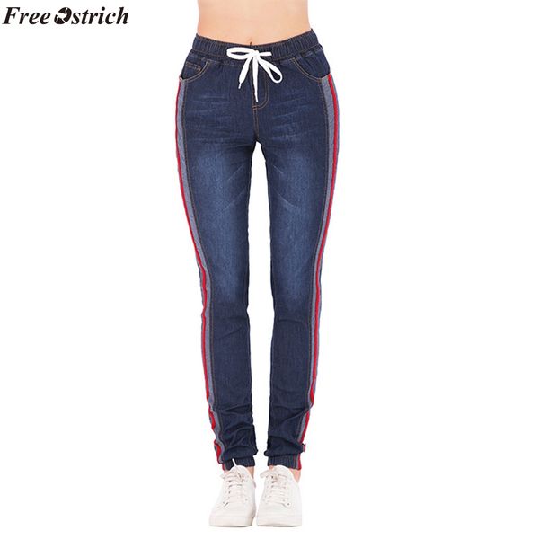 

ostrich autumn winter jeans femme denim stretch large size autumn stretch plus loose denim casual drawstring nine jeans, Blue
