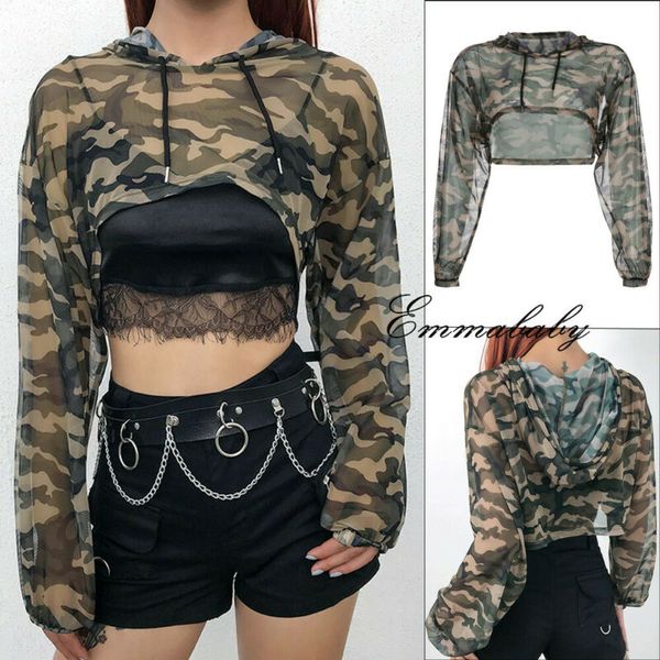 

women camouflage mesh perspective slim long sleeve crop club wear party casual summer blouse beach womens blusas, White