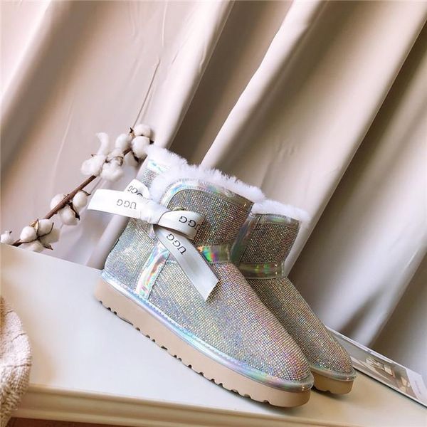 

new high-end brand wool ball ribbon short tube snow boots women full diamond sheepskin integrated rhinestone boots 03, Black