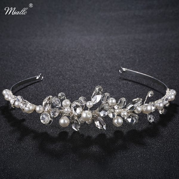 

miallo fashion handmade princess tiaras and crowns austrian crystal pearls women wedding hair jewelry bridal hair accessories, Golden;white