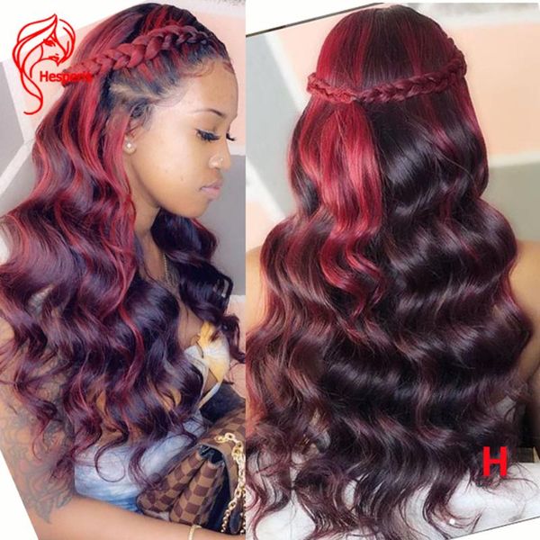 

lace wigs hesperisr 13x4 red highlight burgundy 99j front human hair pre plucked brazilian remy ombre wave, Black;brown
