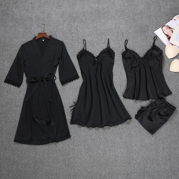 

robe kimono sleepwear sets spring womens 4 pieces strap pants suit casual home wear pajamas nightwear bath gown -2xl, Blue;gray