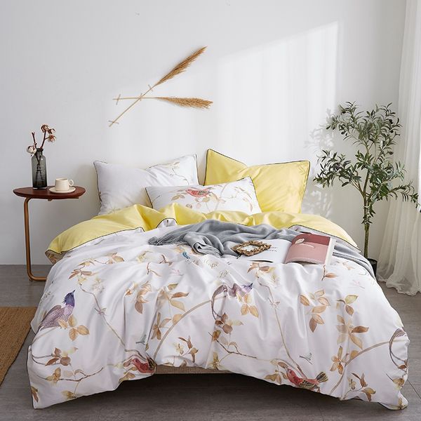 

egyptian cotton satin bedding set white yellow flower print  size bedclothes bedspread pastoral bed linen