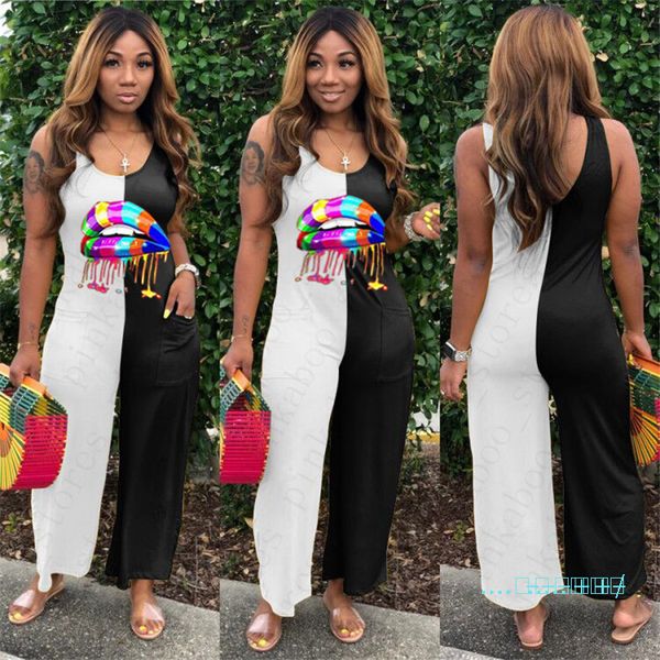 

women loose jumpsuit summer one-piece rompers rainbow lips printed sleeveless ladies patchwork bodysuit casual trendy pants clubwear d5603, Black;white