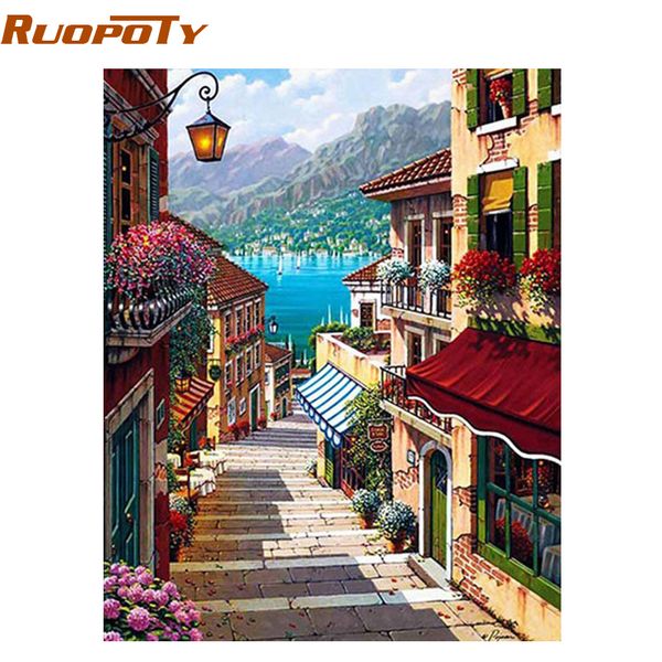 

ruopoty frame 40x50cm coffee town landscape painting by numbers wall art diy oil painting home decor for room decoration