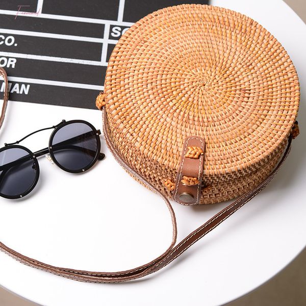 

abdb bali vintage handmade crossbody leather bag round beach bag girls circle rattan bag small bohemian shoulder