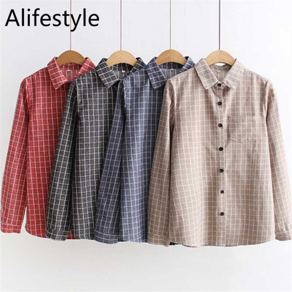 

women's blouses & shirts 2021 women plaid female pure cotton long sleeves fashion casual office clothes, White