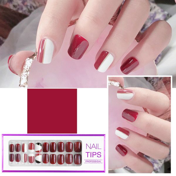 

fake nails artificial faux ongles product art nail tips 30pc boxed wearable patch waterproof nail polish nails with glue red diy, Red;gold