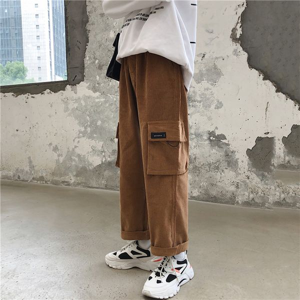 

весна новые вельветовые брюки мужская мода solid color повседневные брюки man streetwear wild hip-hop свободные прямые брюки tooling, Black