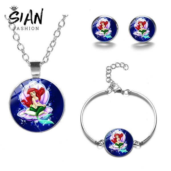 

sian fairy tale the little mermaid ariel jewelry sets lovely mermaid princess pendant necklace bracelet earrings set kids gifts, Silver