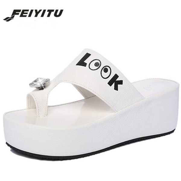 

feiyitu summer woman beach slippers women's rhinestone slippers flip flops wedged platform designer shoes zapatos mujer, Black