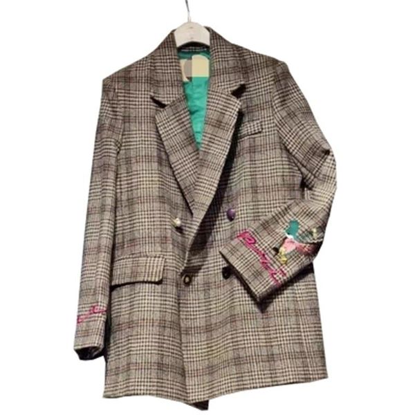 

women plaid blazers suit ladies autumn plaid embroidery in the long paragraph loose retro woolen suit jacket female, White;black