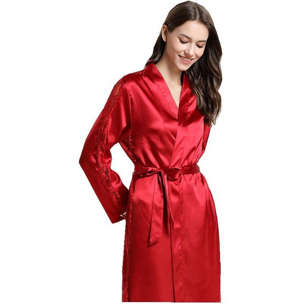 

2020 women's satin silk kimono robes bathrobe wedding gown cardigan nightdress bridesmaid nightdress pajamas ladies sleepwear, Black;red