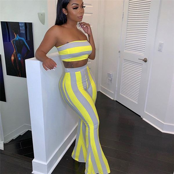 

striped strapless designer tracksuits women club slim two piece flare pants sleeveless suits fashion womens tracksuits, Gray