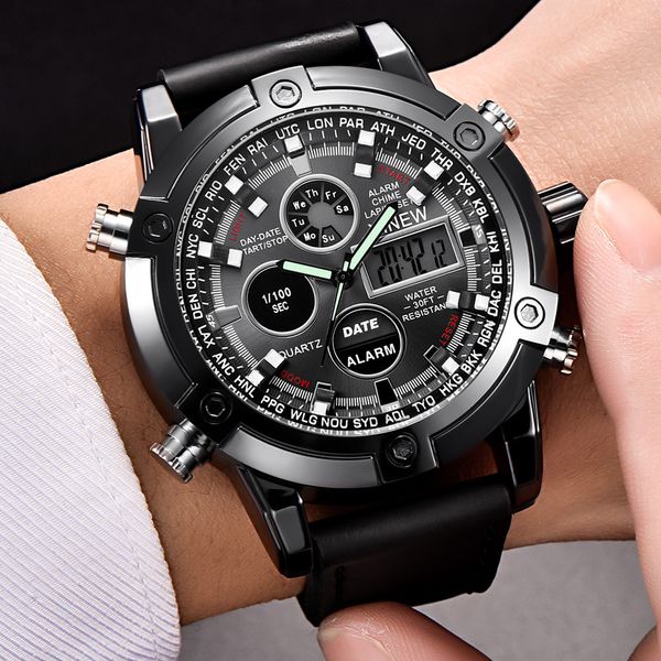 

xinew watch men luxury dual movt men's leather quarz analog digital led sport wrist watch waterproof 3bar clock erkek kol saati, Slivery;brown