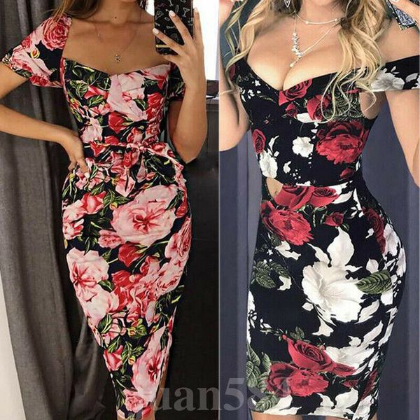 

women dress summer women lady printing off shoulder dress evening party v neck skinny sundress short sleeve knee length 2020, Black;gray