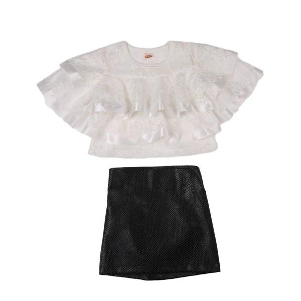 

clothing sets baby girls shorts sleeve 2-layer lace crocodile leather skirt set outfits clothes 1-7 years, White