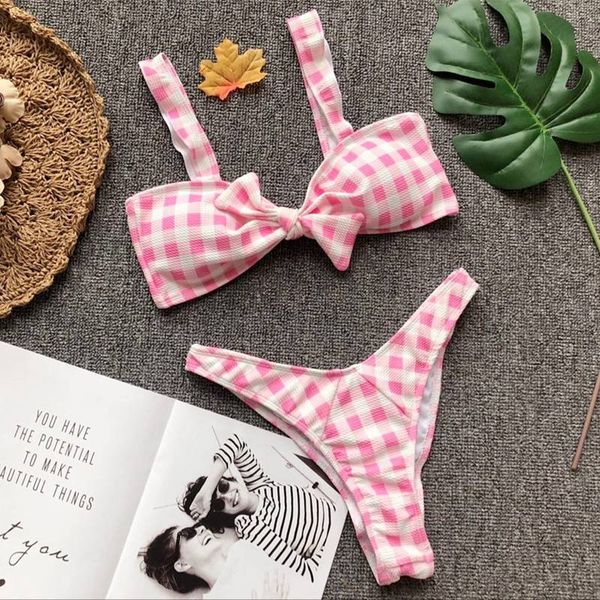 

2019 women bra & brief sets women bow plaid bikini bra swimsuit high waist bathing beachwear swimwear, Red;black