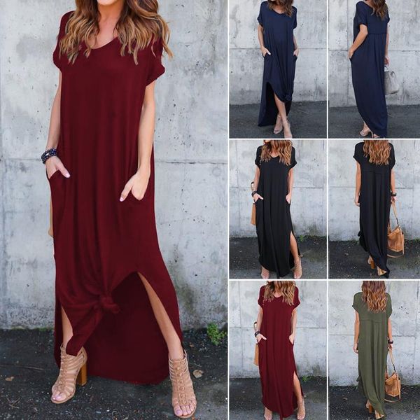 

women maxi dress short sleeve party solid long beach travel summer loose pocket v neck pencil slender waist side split casual, Black;gray