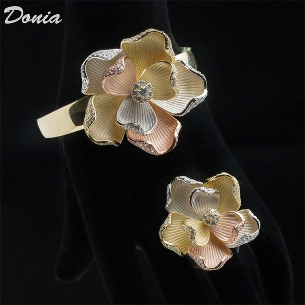 

donia jewelry european and american fashion exaggeration five petal flower micro inlaid zirconia bracelet ring set designer bracelet ring se, Black