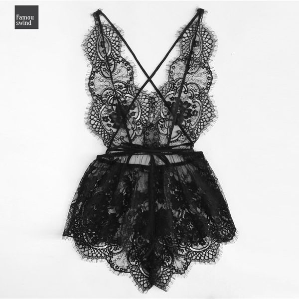 

black sleepwear lace deep v neck eyelash criss cross back solid lace sleep rompers women summer onesies, Black;red