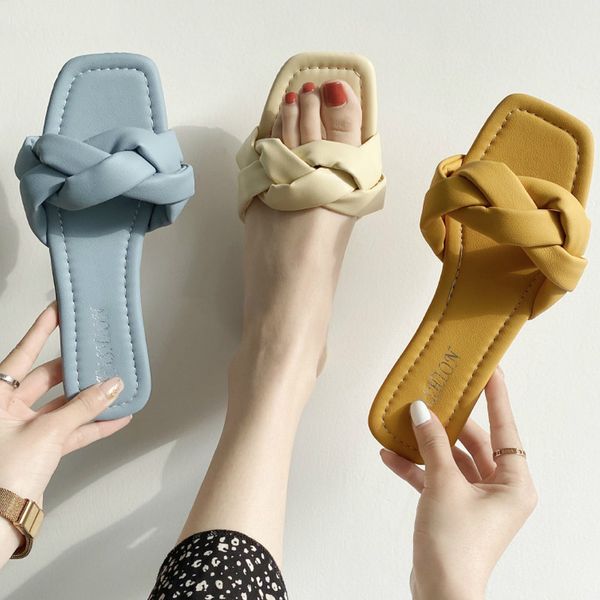

2020 new slippers weave leather women sandal open toe flat casual slides summer outdoor beach female flip flops, Black