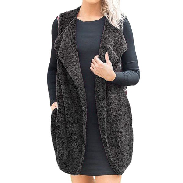 

women's knitted vest coat winter plush color matching print lapel sleeveless women chalecos woman tank, Black;white