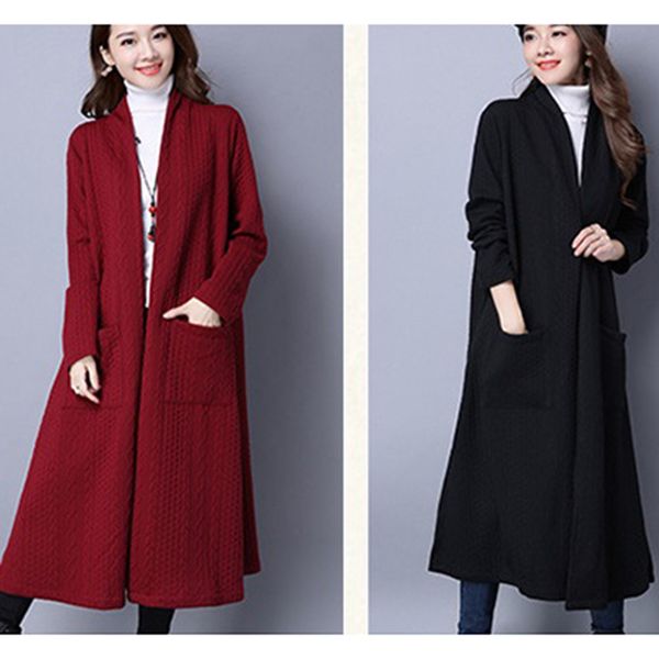 

2019autumn winter europe new thick slim long-sleeved jacket medium long section cardigans large size women windbreakeraa159, Tan;black