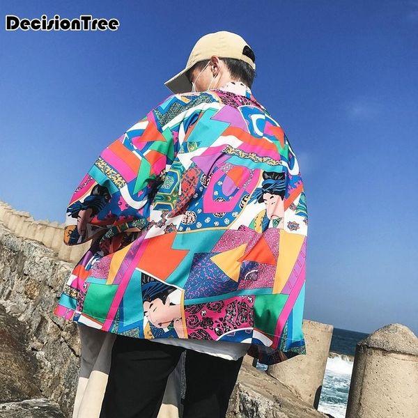 

2019 summer printed japanese style kimono jacket cardigan men clothing cardigan male streetwear hiphop casual coat loose kimono, Black;brown