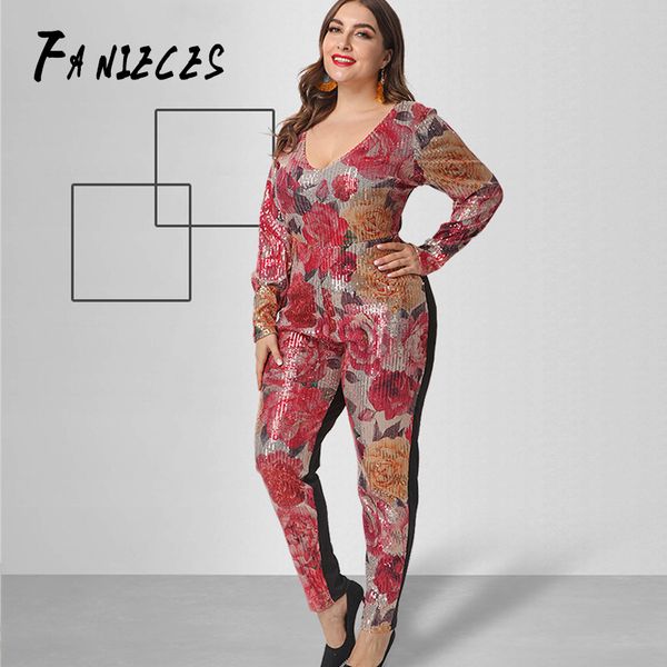 

women's jumpsuits & rompers plus size one piece bodycon sequin print jumpsuit women clubwear long sleeve club drop combinaison femme, Black;white