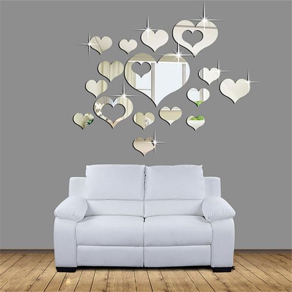 

1set 15pcs home 3d removable heart art decor wall stickers living room decoration silver multi-size room decoration accessories
