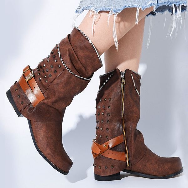 

western style shoes women punk wild fashion motorcycle combat mid-calf rivet retro pleated zipper belt boots zapatos mujer, Black