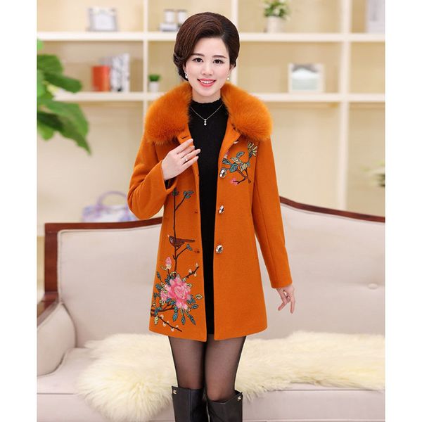 

mother's woolen coat 2019 new winter long-sleeved fur collar embroidery woolen coat large size plus velvet warm ladies a300, Black