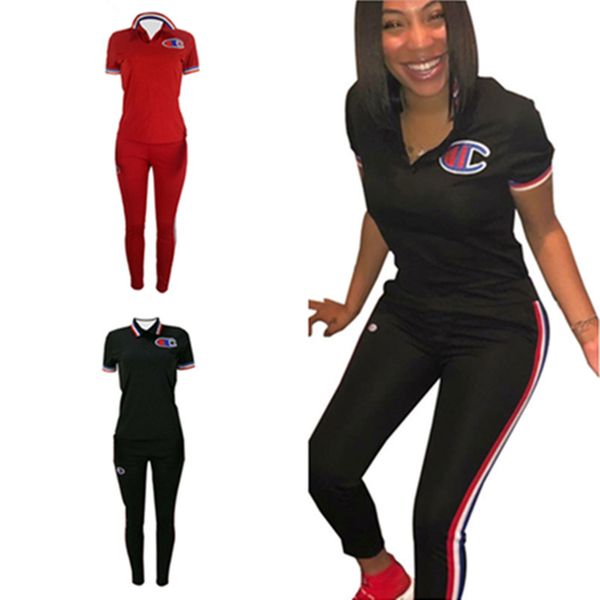 Acheter été Femmes Champions Survêtement Ruban Impression Col En V T Shirt Pantalon à Rayures 2 Pièces Ensemble Vêtements De Sport Tenue De Sport