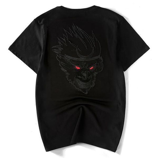

national tide europe and america spring and summer new ins chinese style wukong embroidery round neck short sleeve t-shirt men, Black;brown