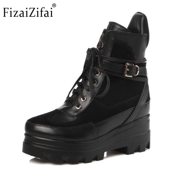 

women platform real genuine leather short boots woman square heel botas ladies new lace up heeled casual shoes size 33-40, Black