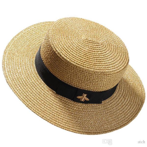 

woven wide-brimmed hat gold metal bee fashion wide straw cap parent-child flat-visor woven straw hat, Blue;gray