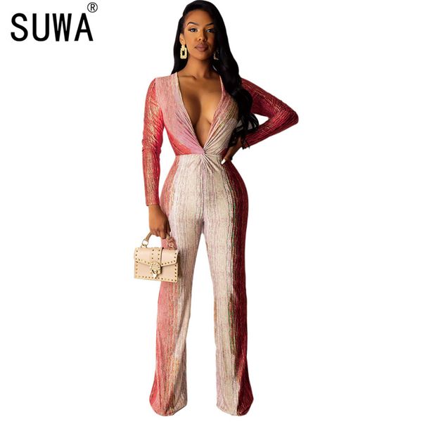 

ladies deep v-neck tie dye print jumpsuits long sleeve rompers high waist wide leg pants temperament jumpsuits, Black;white