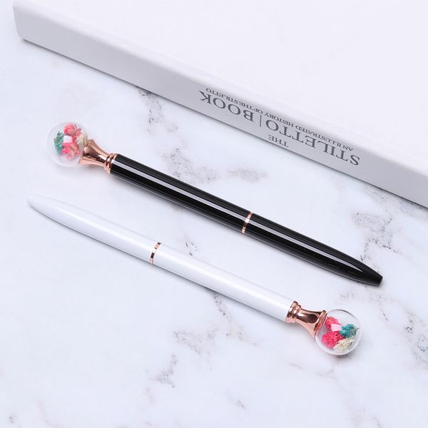 

1pc ball shape dried flower metal ballpoint pen writing smooth school writing stationery signature pen gift supplies, Blue;orange