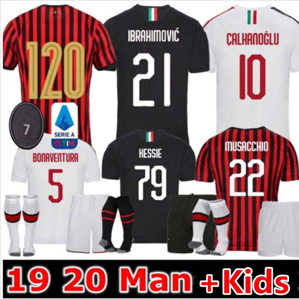 

ibrahimovic ac 19 20 soccer jersey 2019 2020 piatek football shirt paqueta theo suso rebic men kids kits home away football uniform, Black;yellow