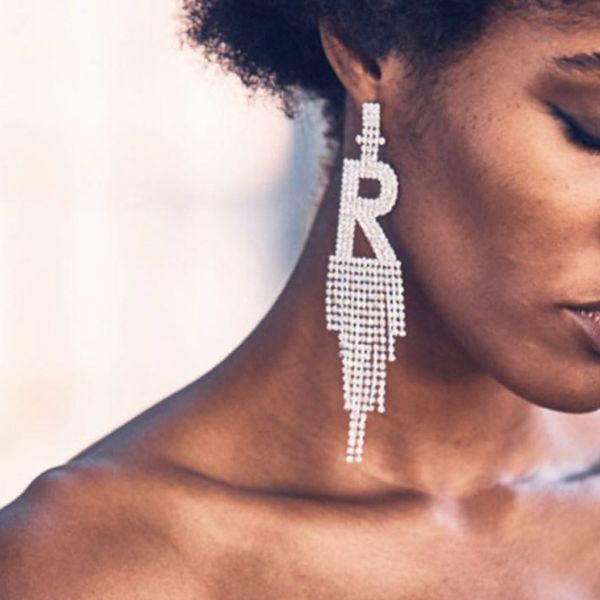 

kmvexo 2020 ins fashion jewelry r letter bling crystal tassel earring long rhinestone party wedding club earrings for women lady, Silver