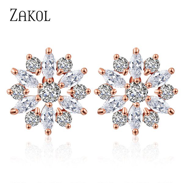 

zakol fashion flower cluster clear crystal zirconia stud earrings for women rose gold color stud ear jewelry brincos fsep609a, Golden;silver