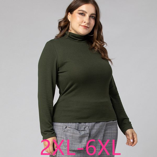 

spring autumn winter plus size for women large long sleeve loose slim casual elastic high collar t-shirt green 4xl 5xl 6xl, White