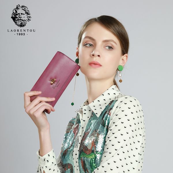 

laorentou women long wallets cow leather wallet fashion ladies wallet stylish long purse clutch bag for women, Red;black
